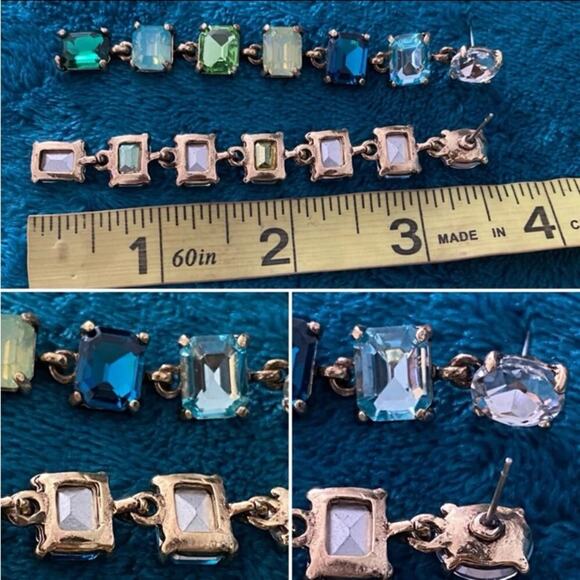 Antique Gold Emerald Cut Crystal Opal Sapphire Aquamarine Tassel Drop Earrings - Picture 12 of 12